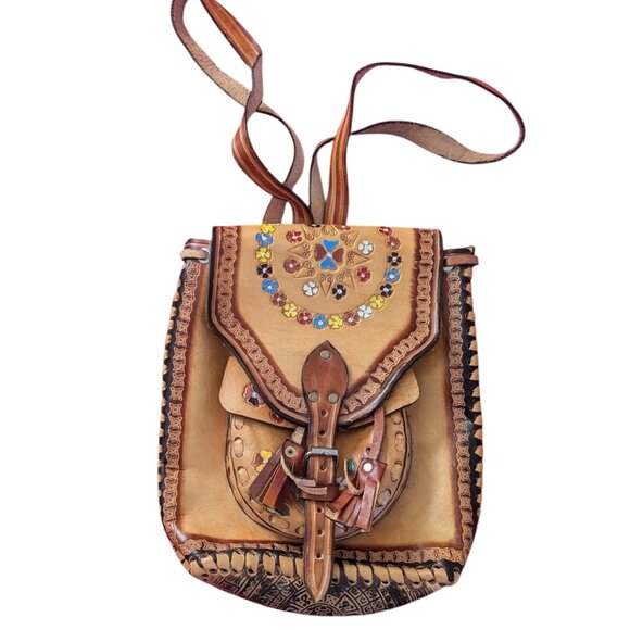 Vintage Tooled Painted Leather Backpack Mexican Floral Boho Folk Art Western - Picture 7 of 9